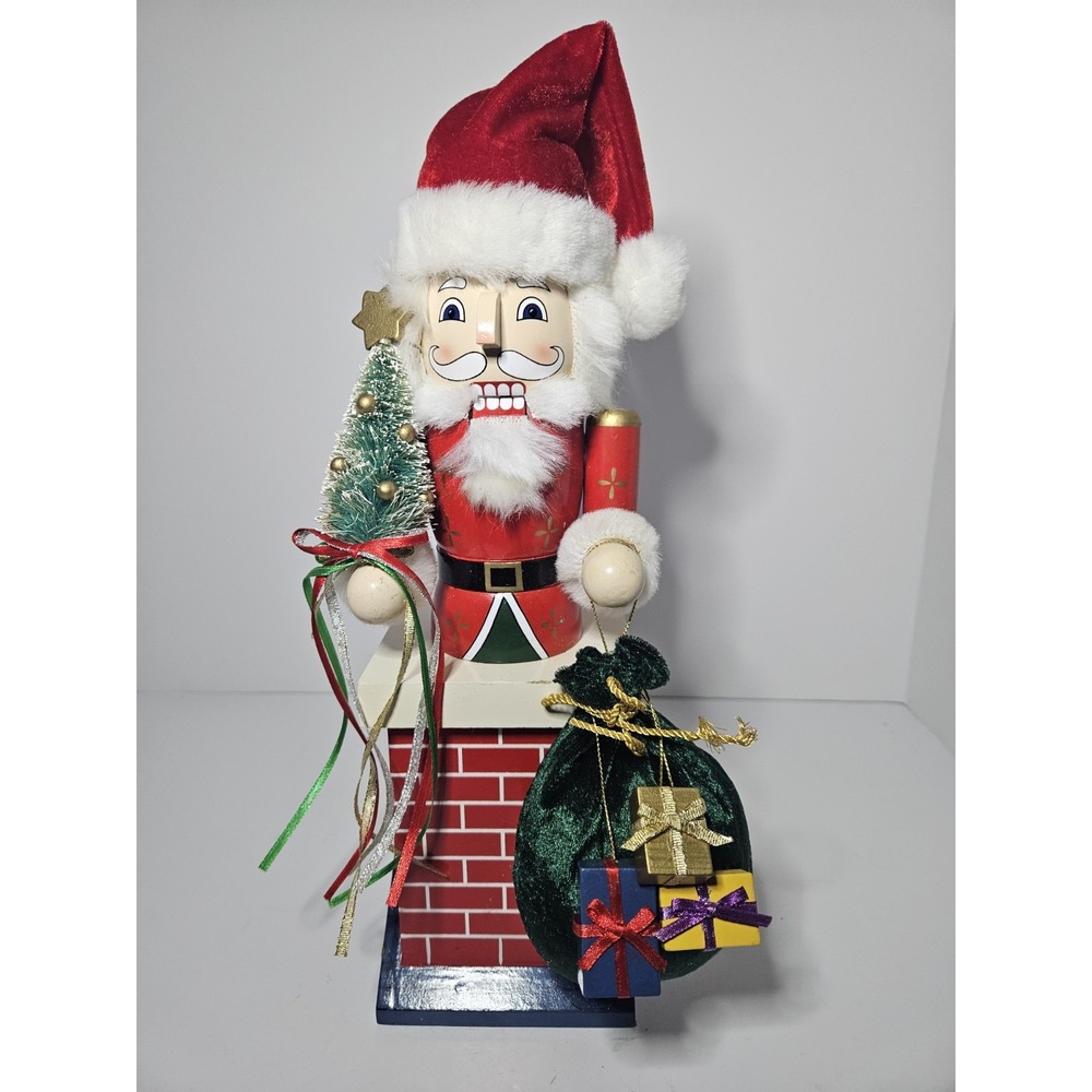 Wooden Santa Claus Chimney Nutcracker Christmas Decor Gift Bag Tree Vintage 14"